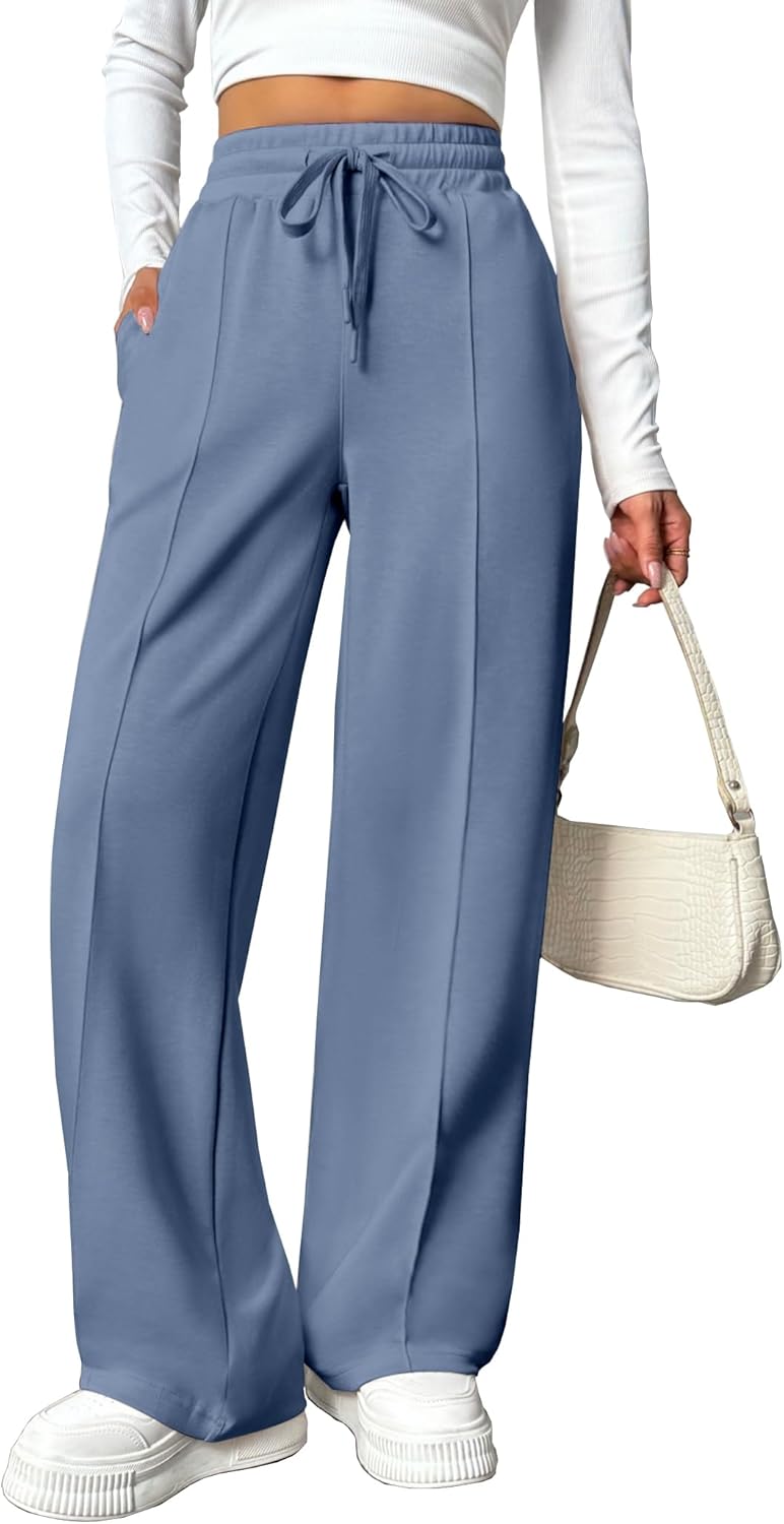 PINSPARK Wide Leg Sweatpants Women High Waisted Baggy Sweat Pants Elastic Elevated Seams Loose Active Pants with Pockets