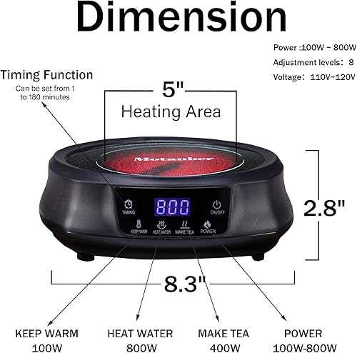 Miniatura 6 de Mini estufa eléctrica de 800 W, hervir té, placa de cocina de vidrio de cerámica con 8 niveles de potencia ajustables, función inteligente de