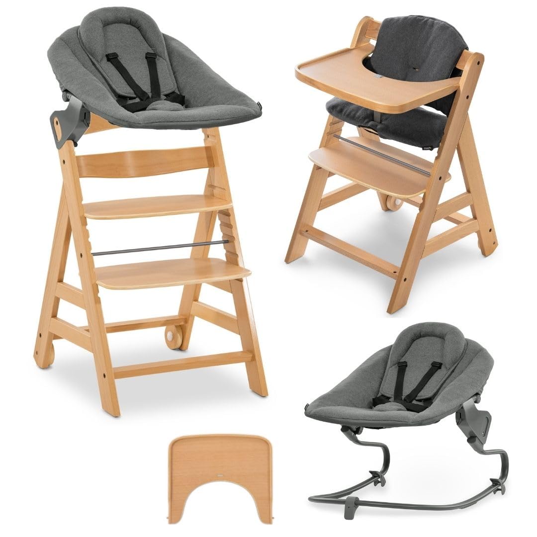 hauck Seggiolone Pappa Evolutivo Alpha Move Newborn Set - Sedia Bambini Da 0 Mesi con Nuova Sdraietta Neonati Premium, Cintura 5 Punti, Ruote, Vassoio e Cuscino - Naturale, Grigio