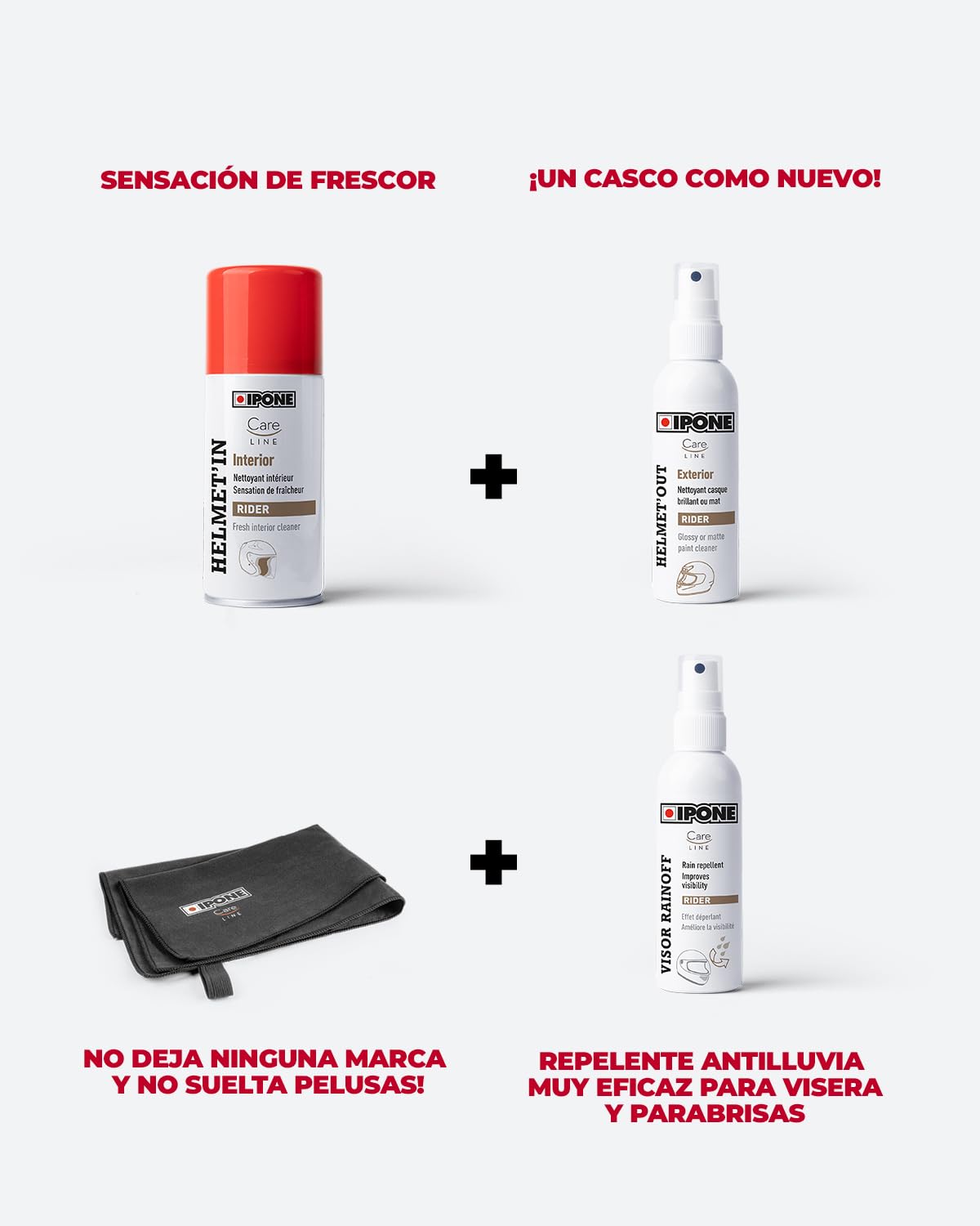 IPONE - Pack Mantenimiento Casco Moto - 1 Limpiador Casco Exterior + 1 Limpiador Casco Interior + 1 Anti-Lluvia + 1 toallita de Microfibra