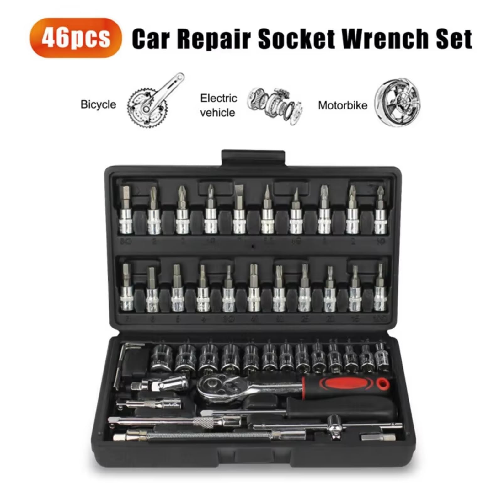Maletín herramientas multiusos Kit Herramientas Reparación Automóviles Juego Llaves Torsión De Trinquete De 1/4 Pulgadas Conjunto De Reparación Automática Herramienta Mecánica 46 Uds.