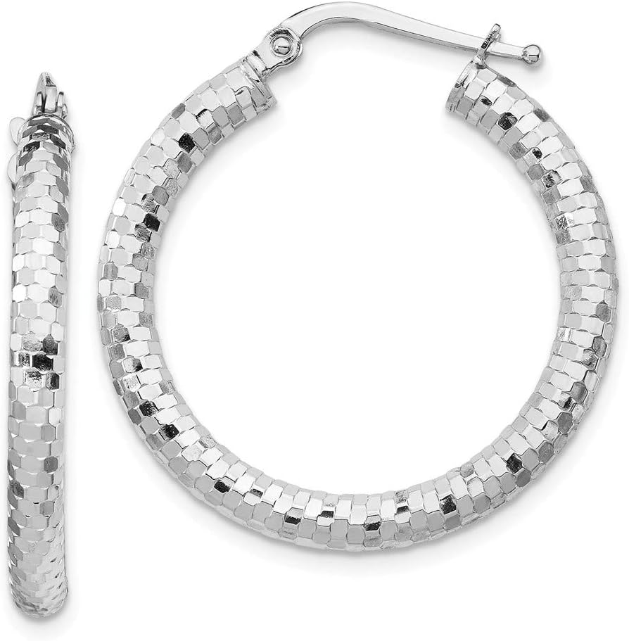 14k White Gold 3x20mm Diamond-cut Hoop Earrings