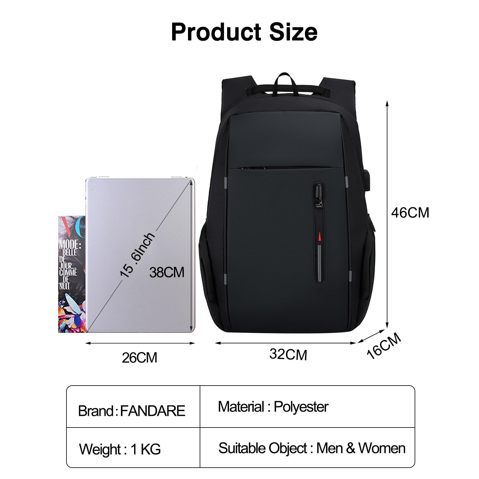 FANDARE Hombre Laptop Mochilas con Banda Reflectante Mujer Bolsa de Equipaje de Mano para avión Hombre Mochila Viaje Ryanair Bolsa Bolso de Mano Mochila Viaje Bolsos Negocio Trabajo Mochila Negro