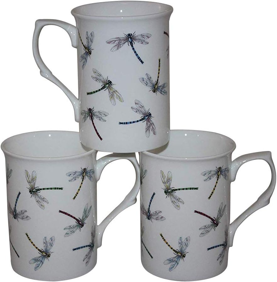 Set of 6 FINE Bone China Busy Dragonfly BEAKERS Mugs Cups Gift Set