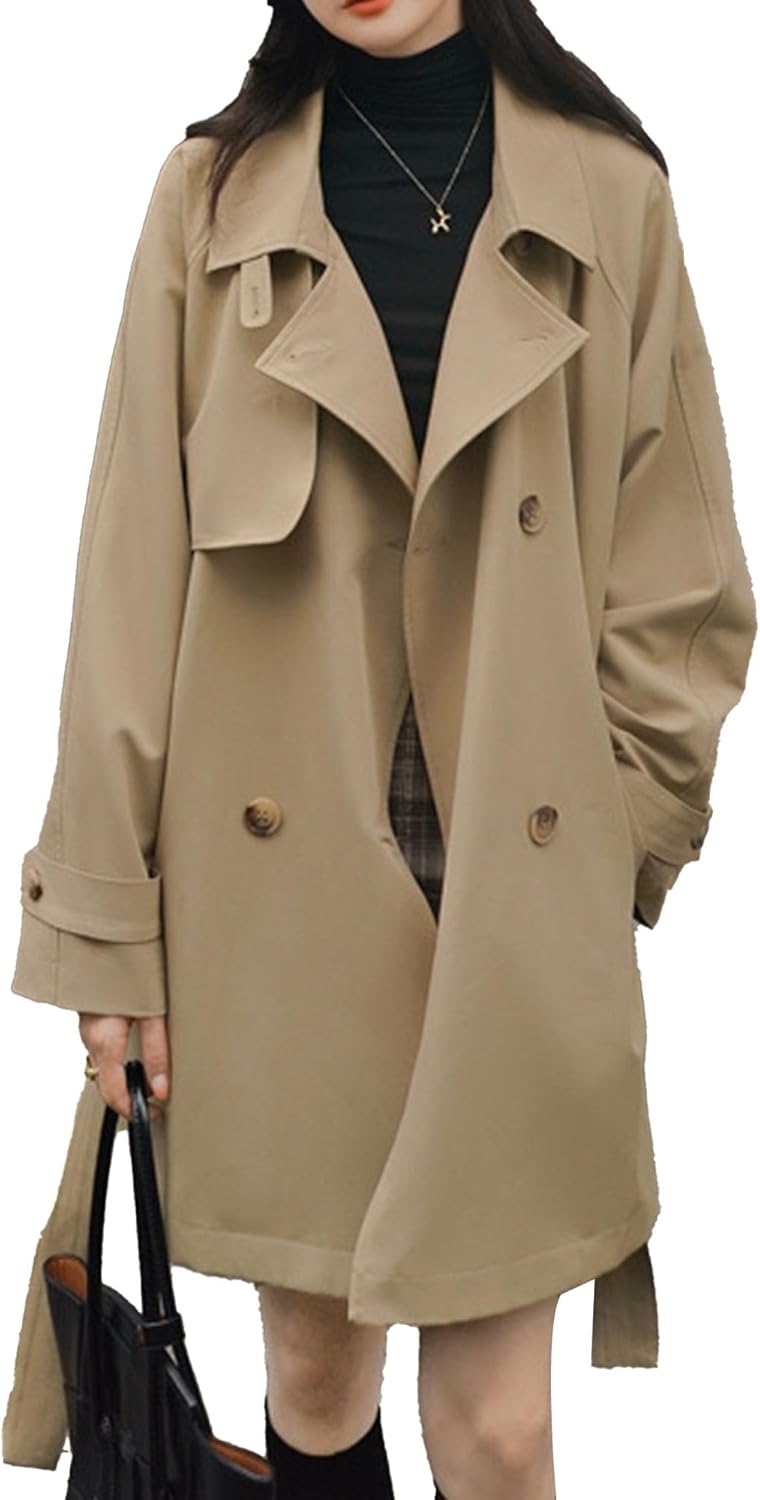 Women Double Breasted Long Trench Coat Classic Lapel Windbreaker Overcoat Spring Fall Outerwear Coat with Belt