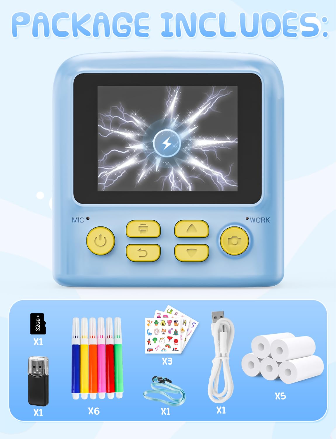 PHNIXGAM Appareil Photo à Impression instantanée pour Enfants avec 2 Lampes Flash, Appareil Photo numérique à Selfie pour Enfants avec écran de 6,1 cm, Carte de 32 Go, 5 Rouleaux de Papier