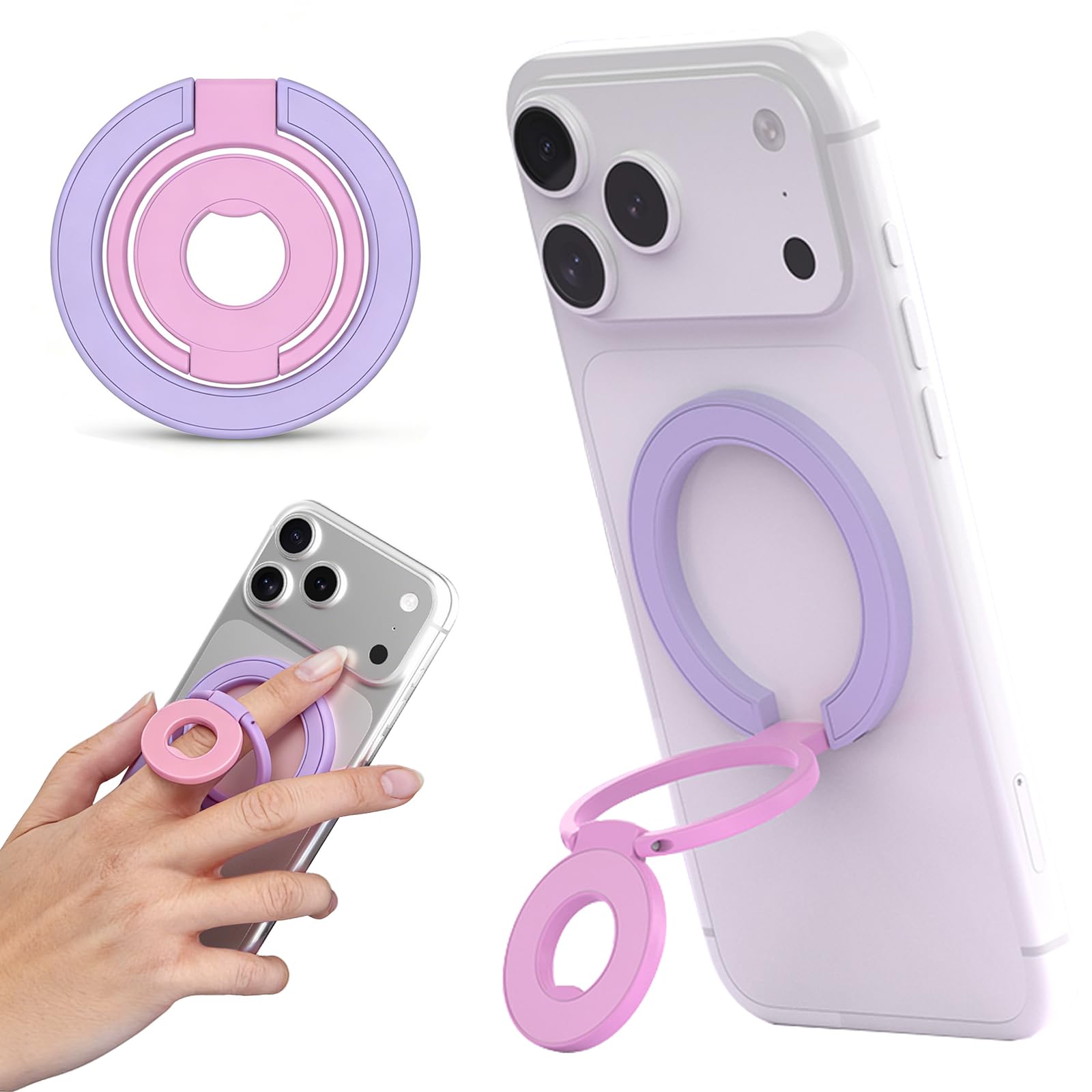 Ysnzaq Supporto ad Anello Magnetico Telefono per MagSafe, Supporto Magnetico Bifacciale Rotazione a 360°, Portacellulare Magnetico con Anello Metallico per iPhone, Samsung Android Viola Rosa