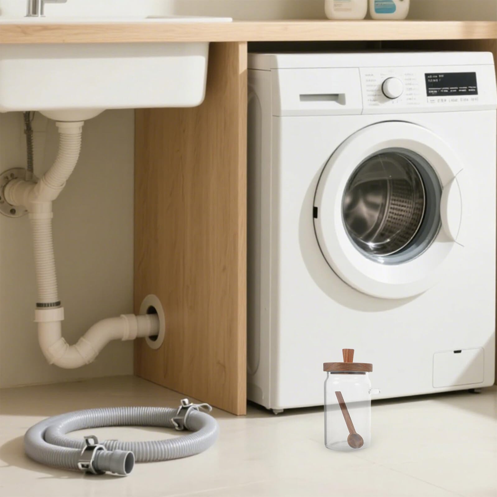 NUOBESTY Juego de 3 Recipientes de Vidrio para Detergente en Polvo con Tapa de Madera y Cuchara Medidora, Capacidad 400ml 600ml 900ml, Contenedores para Lavandería y Almacenamiento