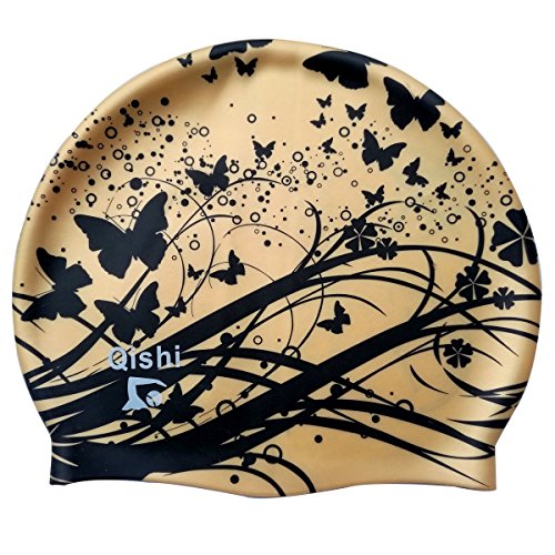 Qishi Gold Butterfly Printing Silicone Swimming Caps for Kids