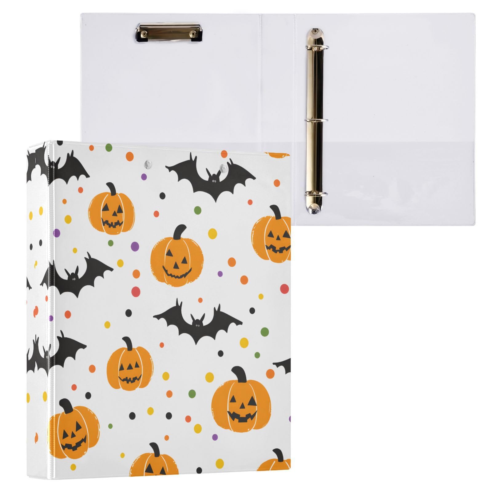 Confezione da 2 raccoglitori a 3 anelli, motivo zucche di Halloween, pipistrelli, puntini, 3,8 cm, con 3 tasche trasparenti, portablocco e contiene 200 fogli, per ufficio, scuola