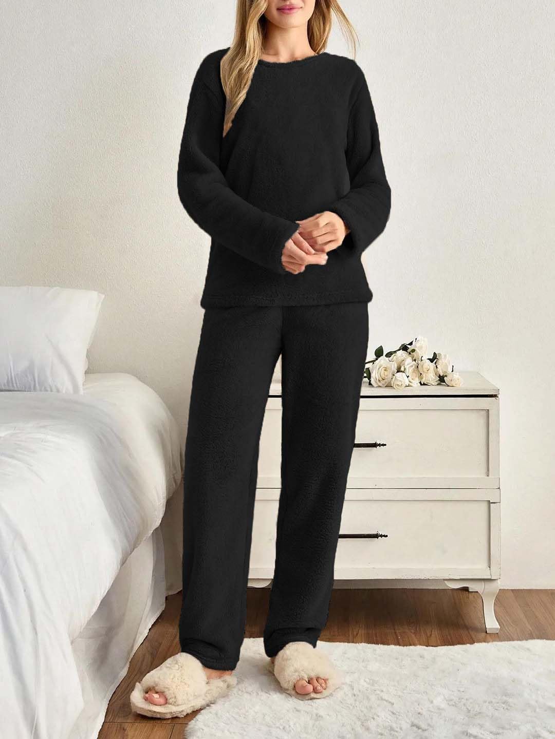 KOTTY Czarny zimowy dres treningowy dla kobiet, zestaw co-order, ciepły wełniany polar, jogger i bluza, strój do stylowej odzieży fitness i podróży