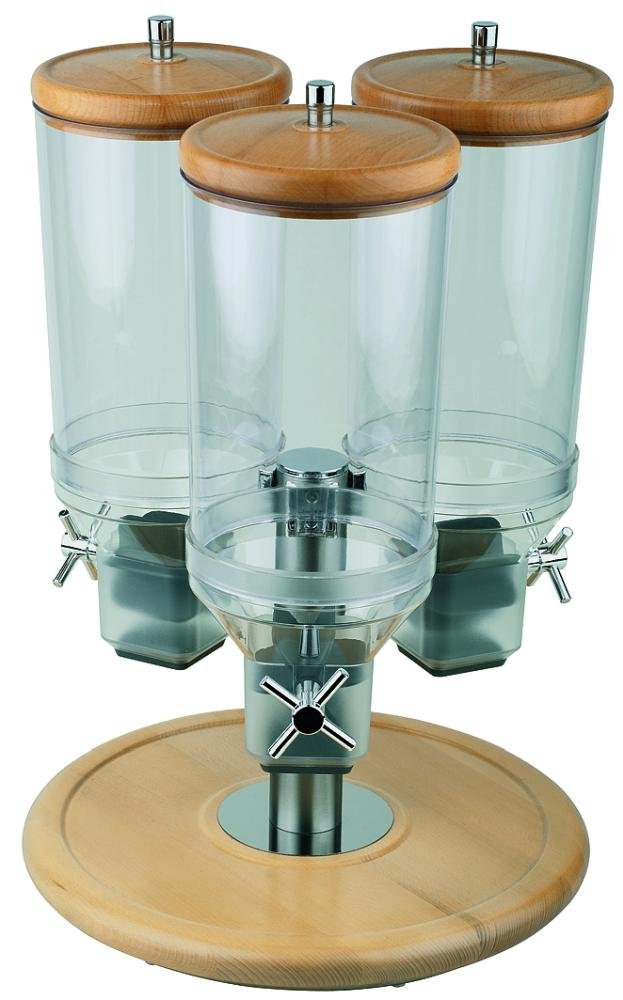 APS 11975 ROTATION matt polierter Cereal Spender mit luftdichtem Deckel, 3 herausnehmbaren Kanistern und 1 Drehfuß, Ø 38 x 54 cm, 3 x 4, 5 ltr, Holz