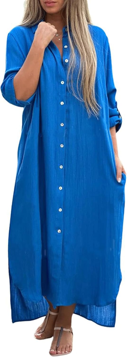 utcoco Summer Dresses for Women 2025 Casual Loose Split Long Sleeve Button Down Maxi Shirt Dress