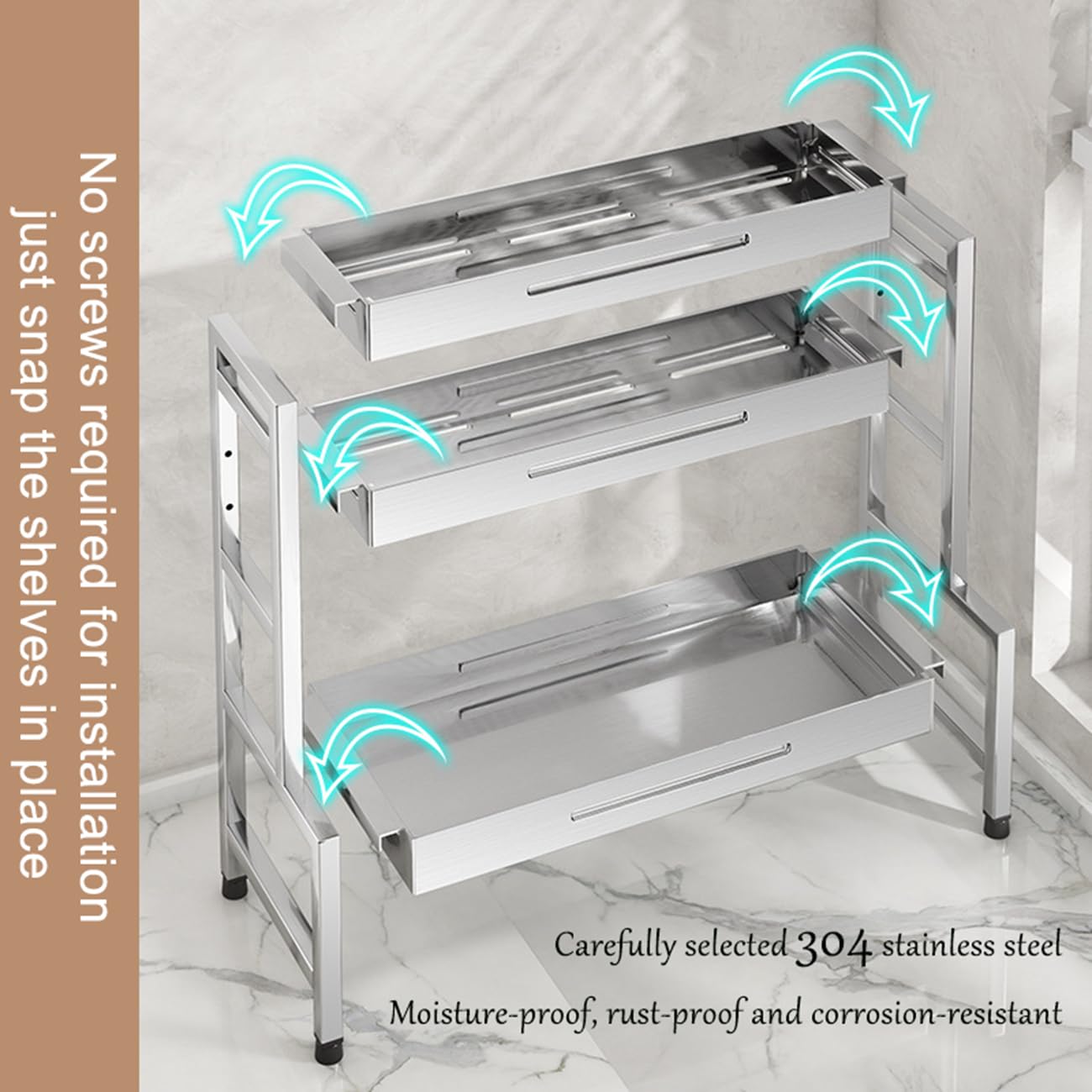 Étagère à épices à 3 niveaux pour comptoir de cuisine, étagère de rangement sur pied, organiseur de bureau, étagères de rangement en acier inoxydable, pour cuisine, salle à manger, B, 50 cm