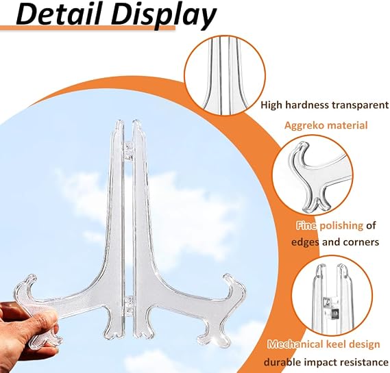 15Pack Clear Plastic Easels or Stand / Plate Holders to Display Pictures or Other Items, 3'', 5''and 7'' Folding Plate Holder at Weddings, Home Decoration, Birthdays, Tables