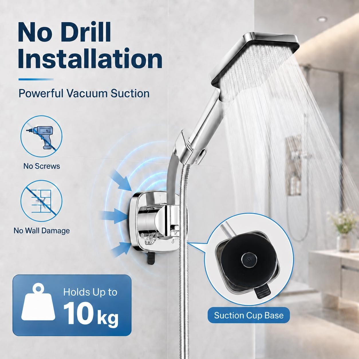 Suction Cup Shower Head Holder, Chrome, Adjustable, No Drill image 2