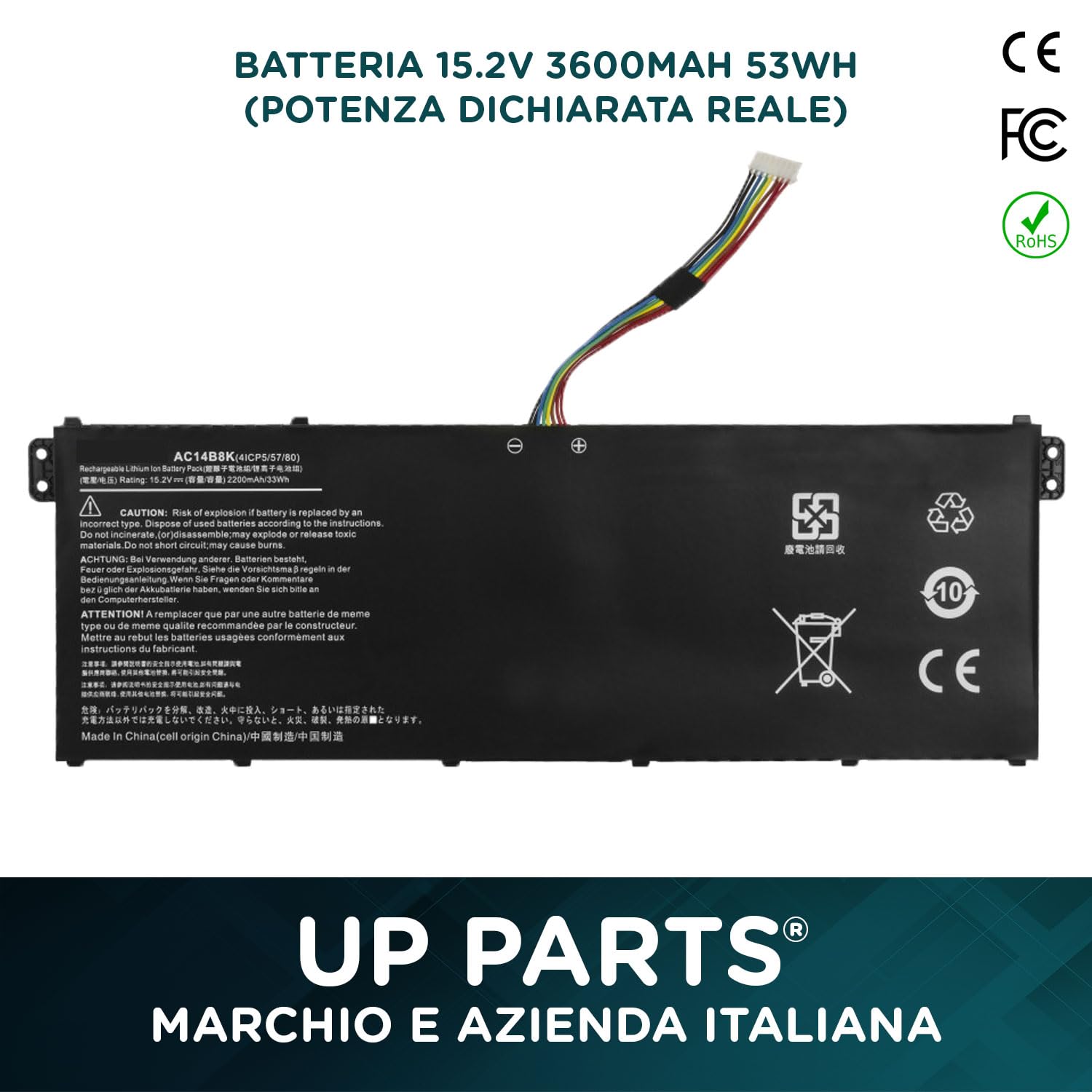 Batteria per Notebook Compatibile con Acer AC14B8K (3600mAh, 15.2V 55Wh) per Spare Parts AC14B8K AC14B13K AC14B18K AC14B3K per Laptop Nitro 5 AN515-51 AN515-52 AN515-53 4ICP5/57/80