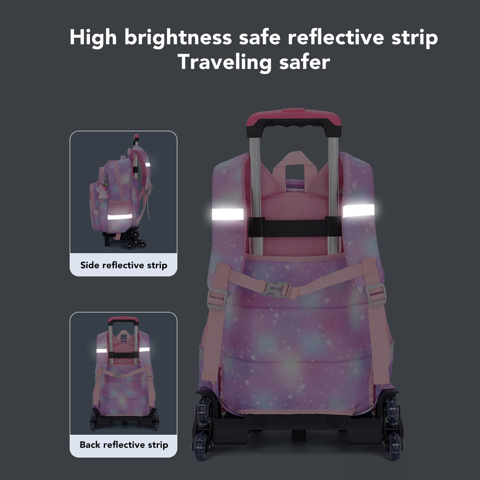 Mochila con Ruedas para Niñas Mochila con Ruedas, Patrón de Dibujos Animados, Mochila Escolar Reflectante de 2 Ruedas con Ruedas para Subir Escaleras, Bolsa de Viaje Impermeable