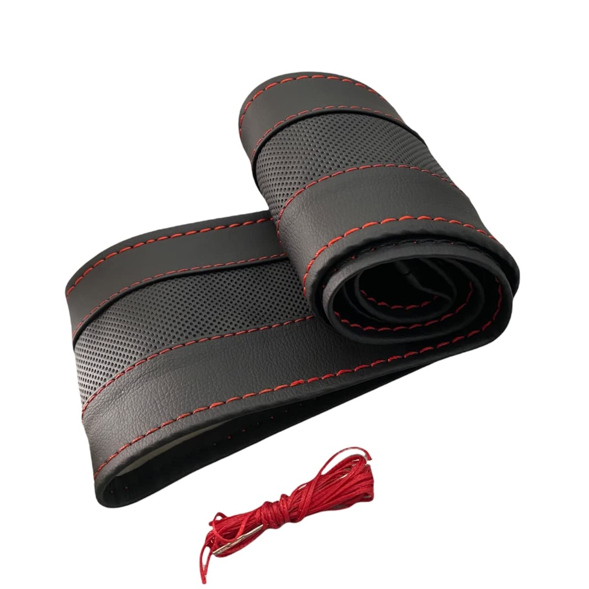 LB103 Steering Wheel Cover Wrap Accessory, 37-39 cm for Lacing Black Perforated with Red Stitching