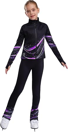 Kids Girls Figure Skating Outfits Zip Up Printed Practice Skating Sweatshirts with Fleece Leggings Set