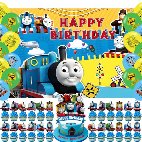 Thomas Train Happy Birthday Backdrop Thomas Train Banner Poster for Cartoon Train Theme Party Decorations Birthday Supplies Background Studio Shoot Photo Props Booth