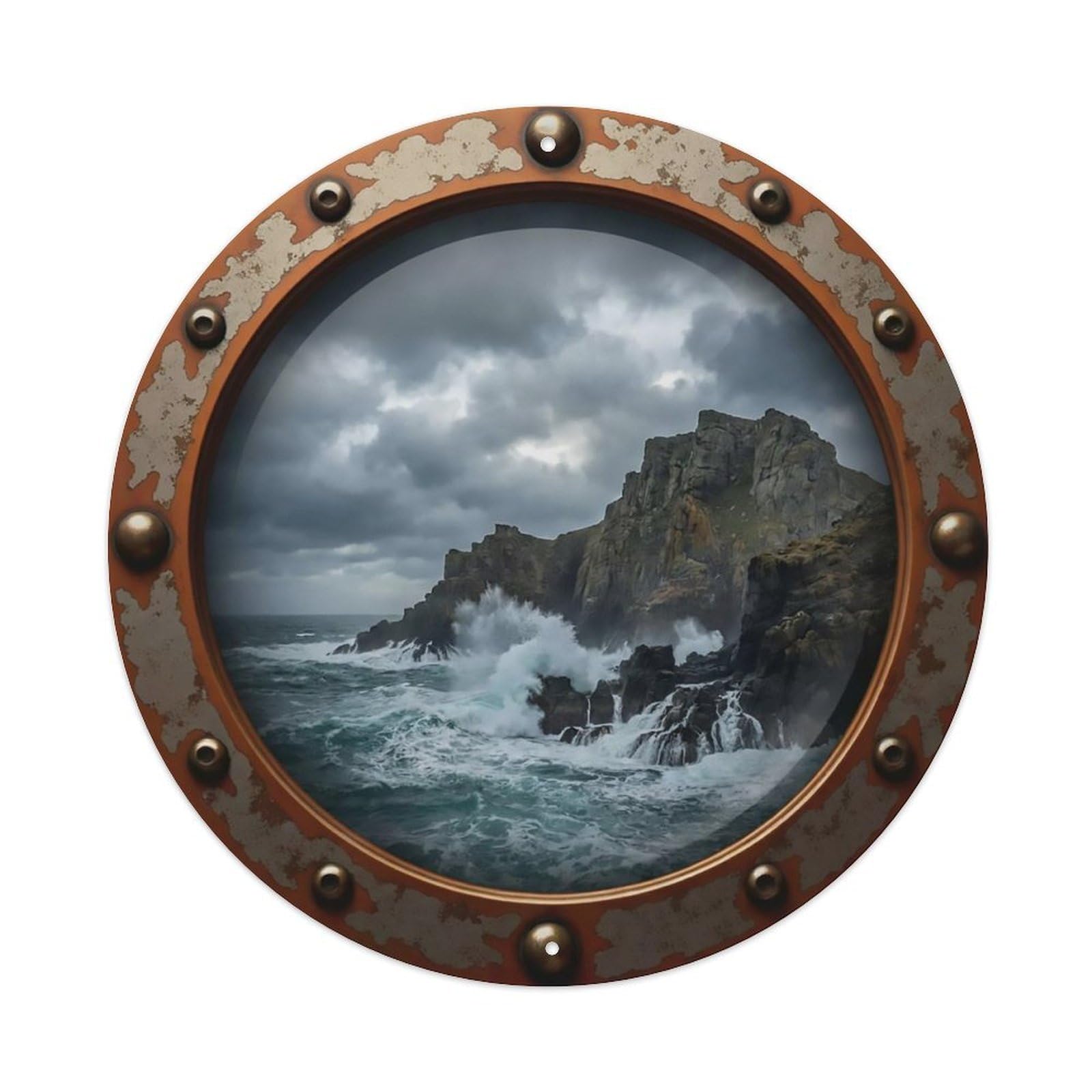 Vintage Porthole Rocky Cliff Island View Metal Tin Sign