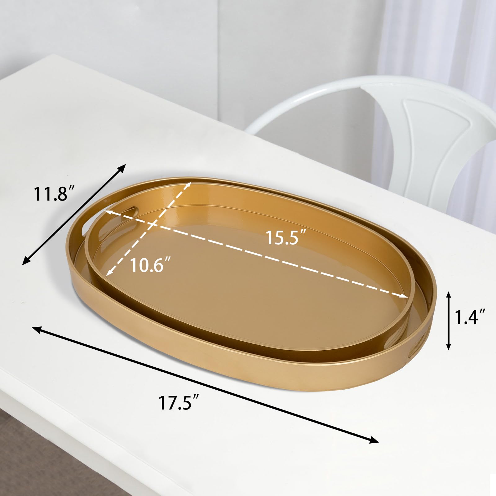 MAONAME Bandejas doradas para servir con asas, bandejas decorativas ovaladas para mesa de café, juego de 2, bandejas de tocador de plástico para otomana, sala de estar