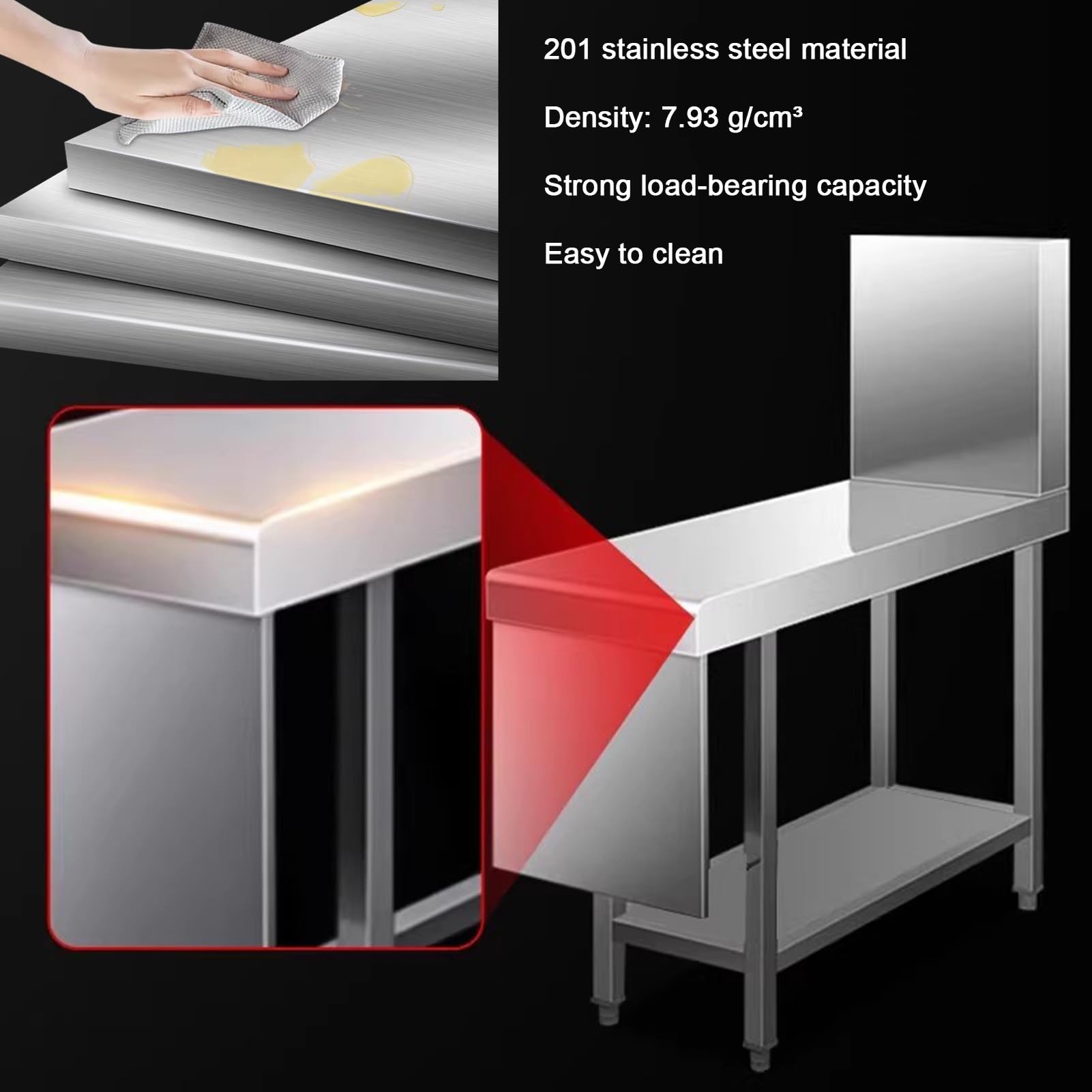 Tavolo Estensibile in Acciaio Inox per Piano di Lavoro, banco da Lavoro Professionale per cucine, con ripiano Inferiore per la Preparazione degli Alimenti, Ideale per Barbecue e Uso Domestic