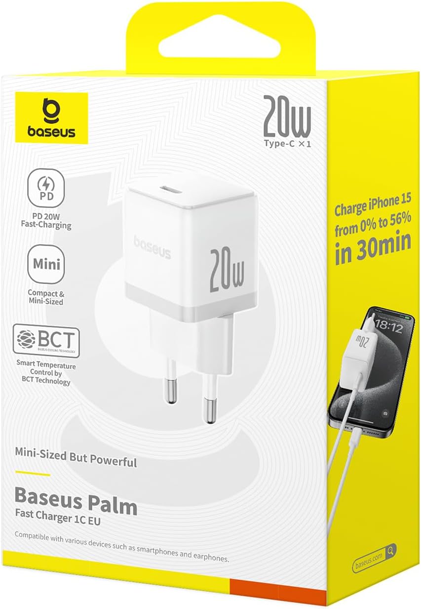 Baseus 20W Hızlı Şarj Cihazı, Palm 1C USB-C Duvar Adaptörü, BCT Soğutma Teknolojisi ve Akıllı Çip Koruması, Kompakt Şarj Başlığı, Beyaz