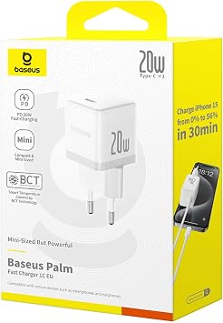 Baseus 20W Hızlı Şarj Cihazı, Palm 1C USB-C Duvar Adaptörü, BCT Soğutma Teknolojisi ve Akıllı Çip Koruması, Kompakt Şarj Başlığı, Beyaz