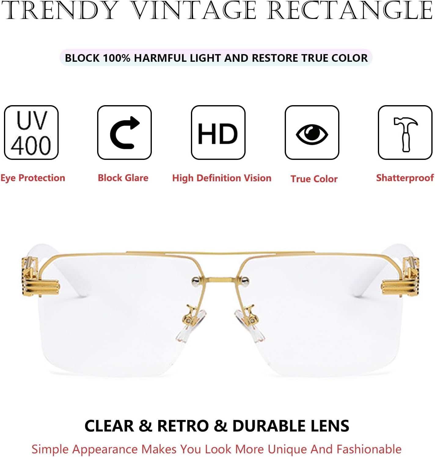 Square Aviator Sunglasses for Women Men Half Frame Vintage Diamond Cutting Lens Classic Gradient Shades - Image 3