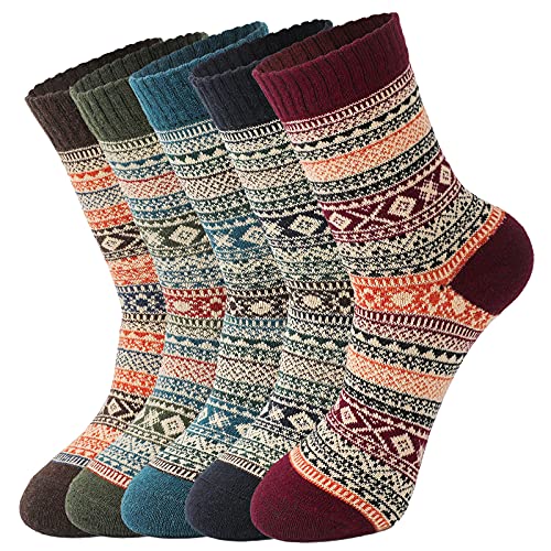 5 Pack Womens Wool Socks - Winter Warm Wool Socks Thick Knit Socks, Warm Thick Soft Cozy Socks, Winter Warm Socks for Women