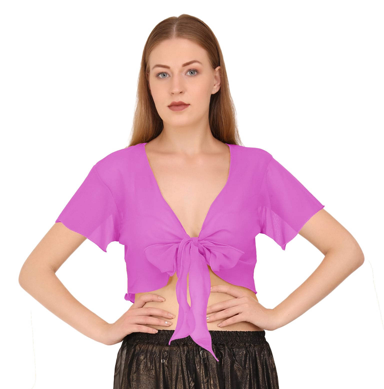 Indian Trendy Women's Chiffon Short Sleeve Tie Top Choli Blouse Belly Dance Gypsy Tie Front Cardigan Tops