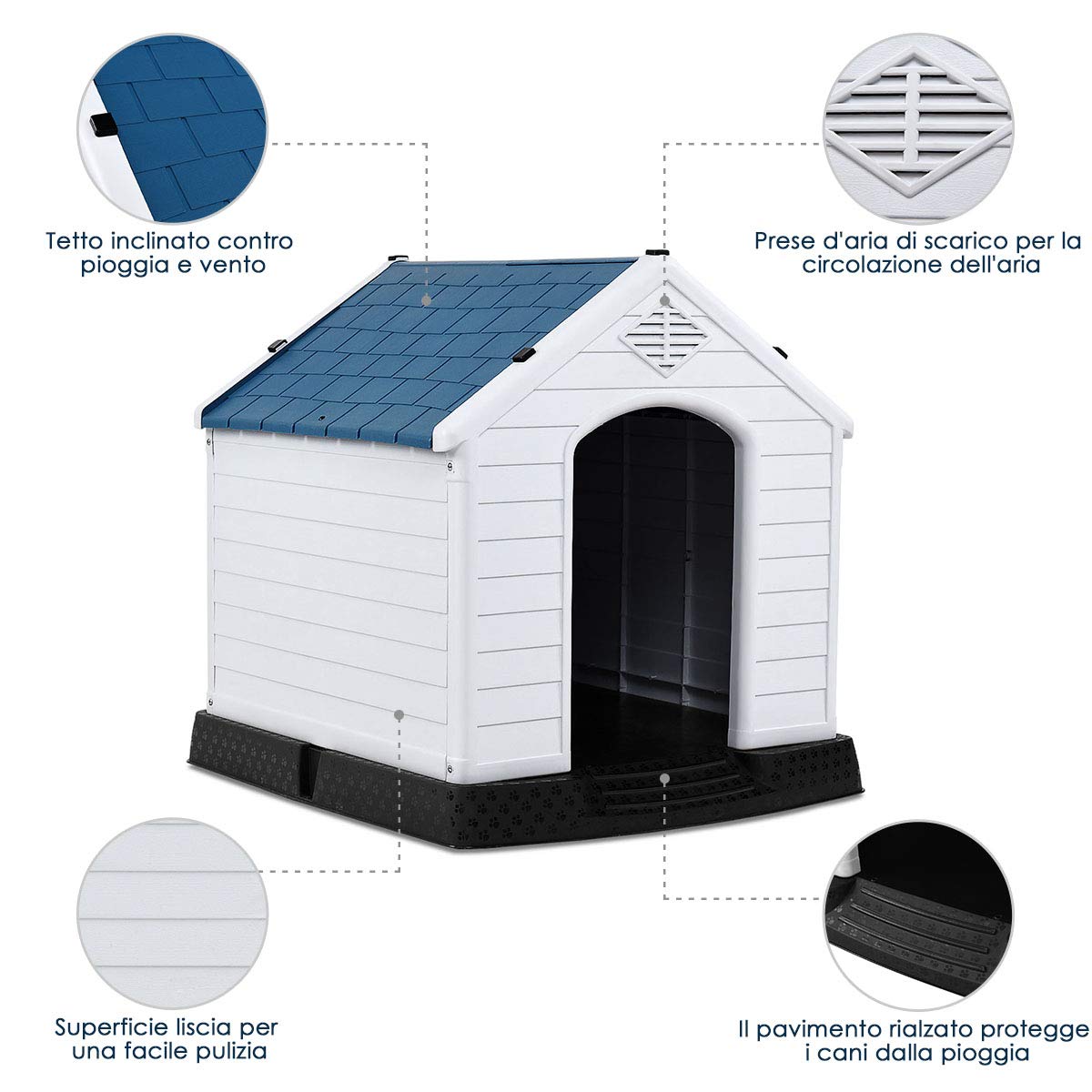 COSTWAY Cuccia per Cani da Esterno ed Interno, Casetta Impermeabile e Ventilata con Valvole d’Aria e Pavimento Rialzato, per Cani di Piccola e Media Taglia (Blu, 70 x 65 x 71,5 cm)
