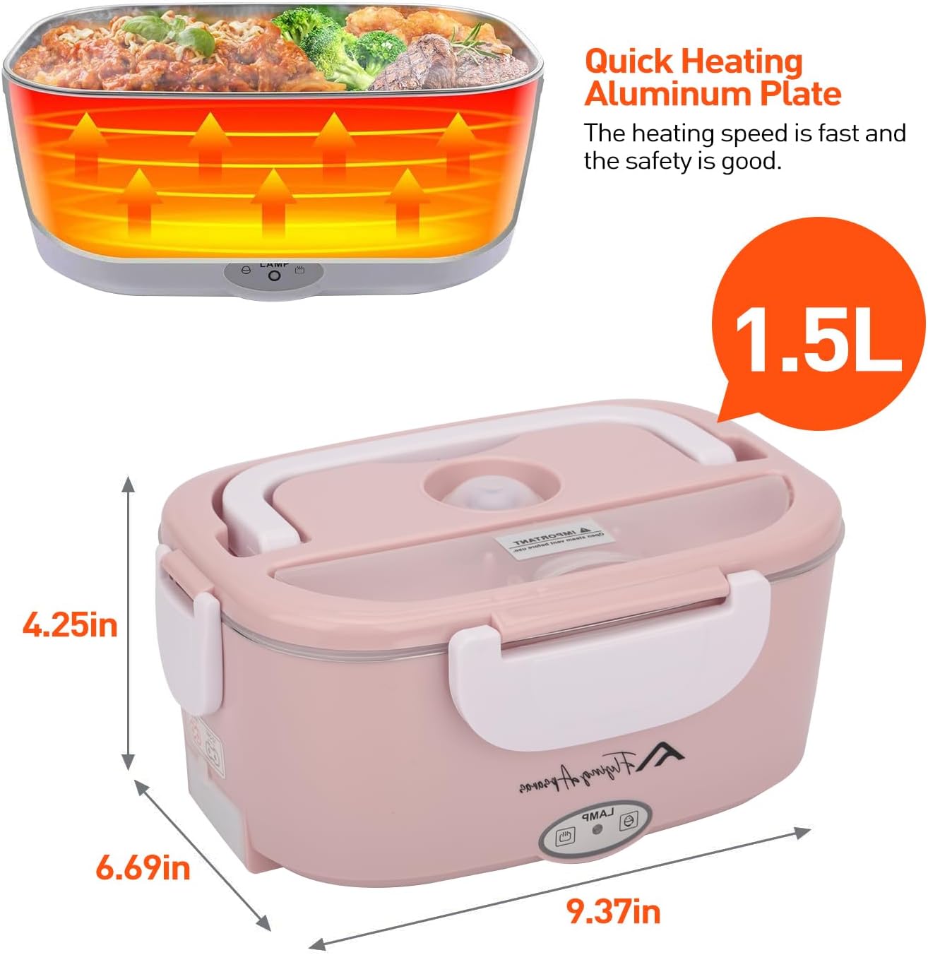 APSARAS USA Electric Lunch Box,3in1 Heated Lunch Box for Adults,60-80W,12/24/110V Portable Lunch Warmer, Leakproof Food Heater for Car/Truck/Office with 304 SS Fork&Spoon&Insulated Carry Bag Pink - Image 6