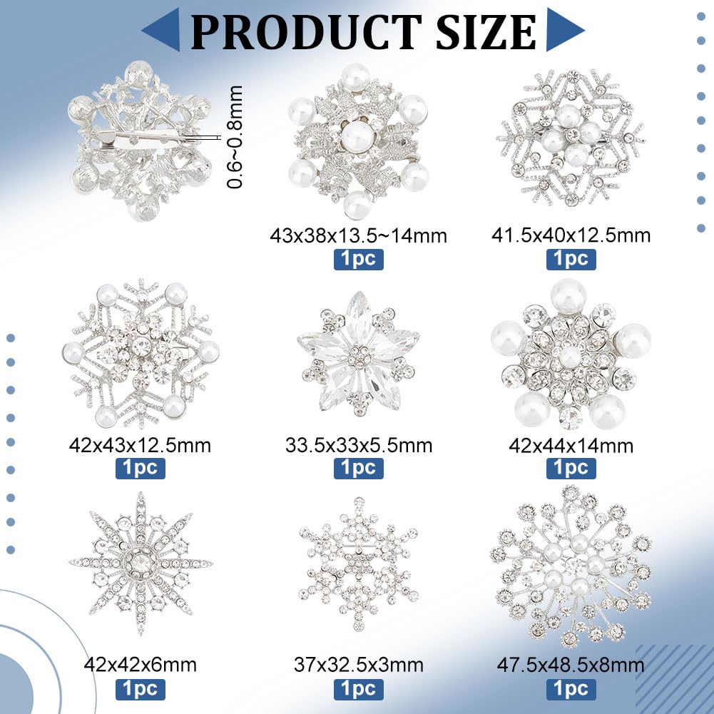 BENECREAT 8PCS Snowflake Crystal Lapel Pin Brooches, Christmas Silver Crystal Fashion Pearl Brooches Decorative Pins for Wedding Collar, Shirt, Cardigan, Dresses, Scarves, Jacket