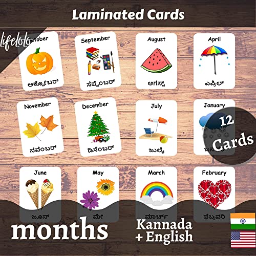 Image of Kannada English Bilingual Flash Cards | Montessori Cards | Laminated Flash Cards | Early Education (Months - 12 Cards)