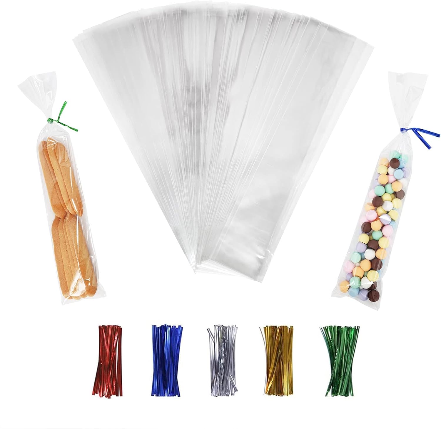 100 Clear Treat Bags - 2x10 inches, with 4'' Twist Ties - 1.4 mils Thick OPP, Perfect for Parties & Gifts