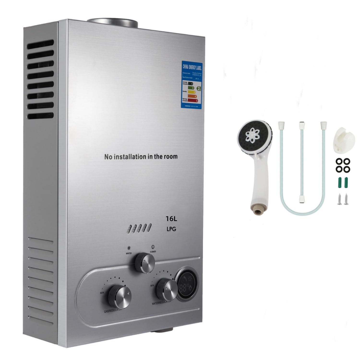 16L Scaldacqua a Gas Propano GPL 32KW Propano Butano Riscaldatori di Acqua a Gas Liquefatto,Scaldabagno Istantaneo Senza Serbatoio, per Campeggio,Camper,Casa,Uscita Dell'acqua Calda 16L/min