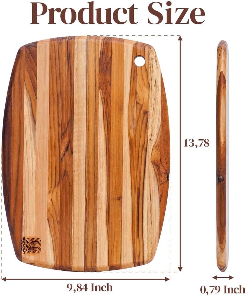 Set of 2 Premium Teak Wood Cutting Board, 14" x 10" x 0.8" Thin Paddle Edge Grain Solid Hardwood for Cheese, Bread & Fruit Serving, Non-Toxic, BPA/Plastic Free Chopping Block by New M Way