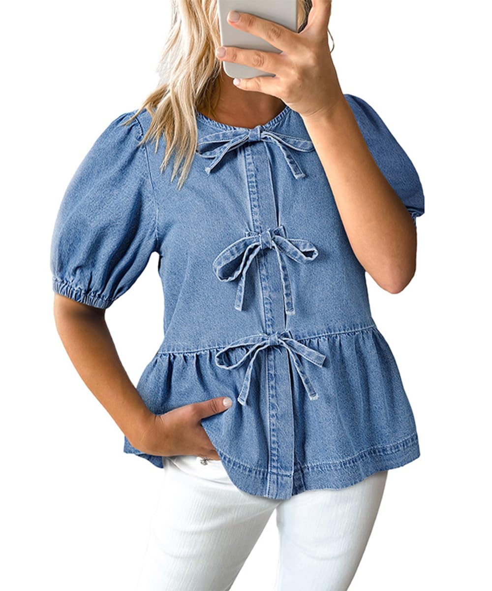 Denim Chemises pour Les Femmes à la Mode Round Neck Pullover Lace Up Puff Manches Courtes Lavé Chambray Blouse Tops