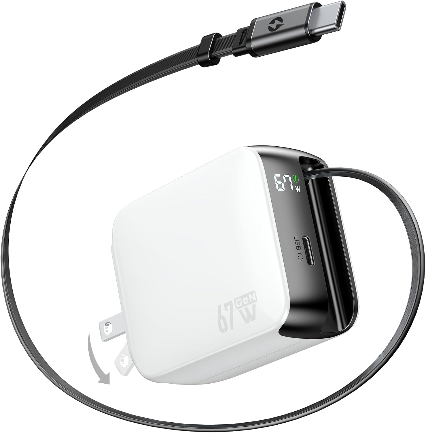  Retractable USB C Charger Cable, 67W 2-Port Fast Charging Wall Plug thumbnail