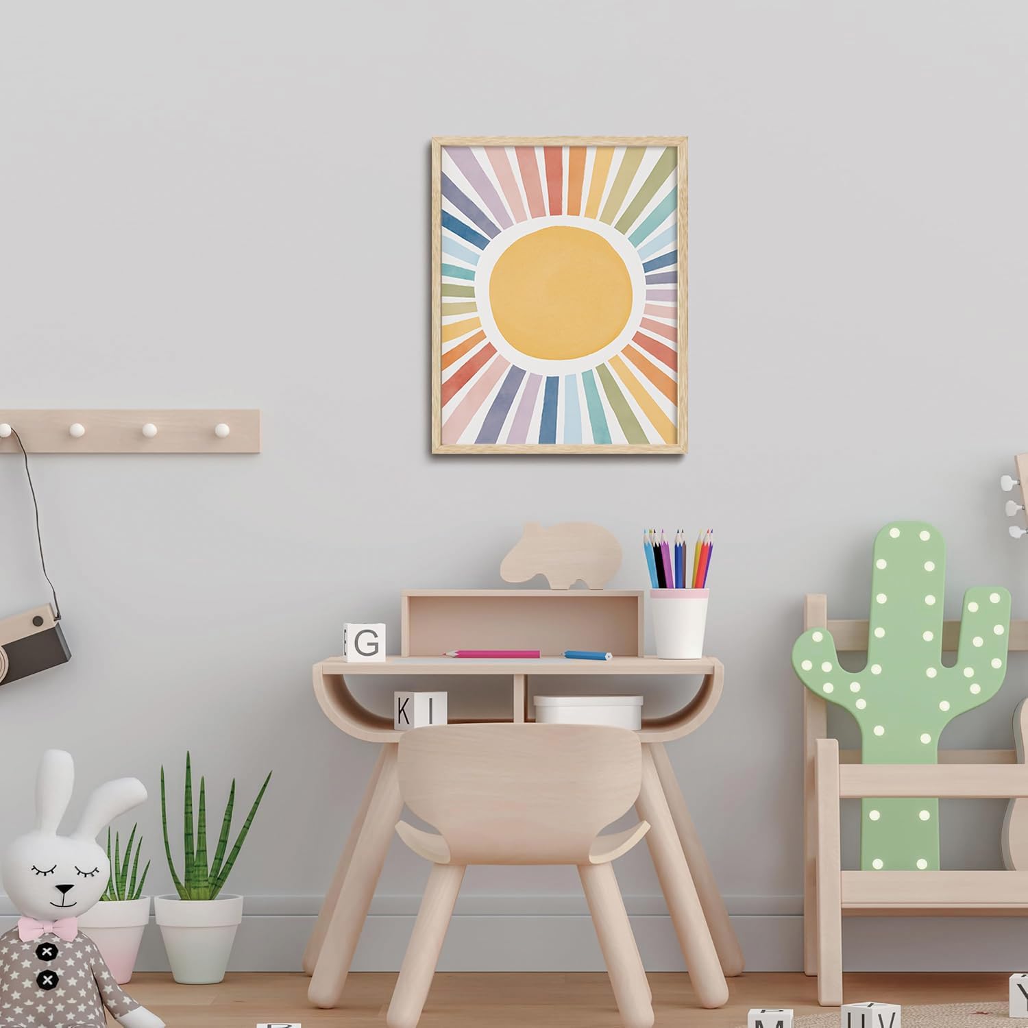 KISSFOX OAK Wood Framed Wall Art Sunshine Wall Decor Rainbow Canvas Art Sunburst Pictures Cute Paintings Colorful Artwork Boho Prints For Nursery Kids Children Playroom Boys Girls