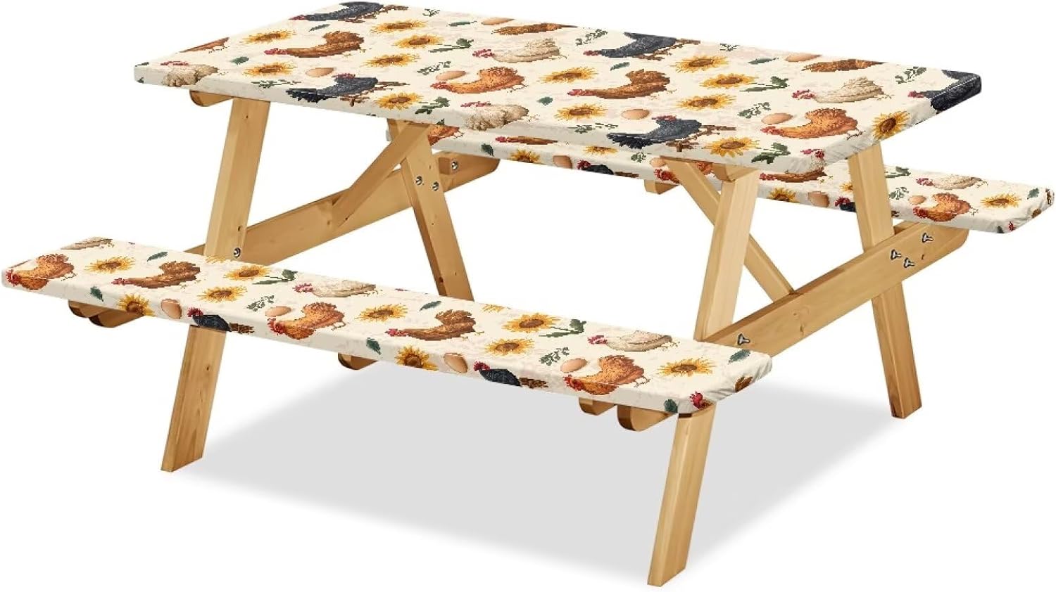 Rooster Sunflower Picnic Tablecloth with Bench Covers – 3 Pcs Waterproof Camping Essentials, Windproof Outdoor Table Cover with Elastic Hem for Autumn