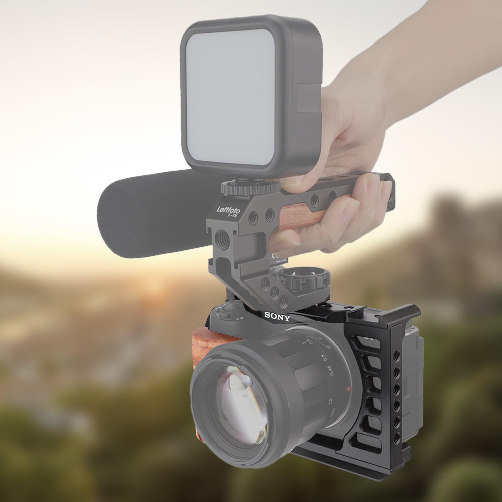 Leftfoto ZV-E1 F-CZVE1 Cage pour caméra complète avec poignée en bois pour cadre de prise de vue vidéo Sony Alpha ZV-E1 avec base de type Arca de 3/8" trous ARRI à double verrouillage