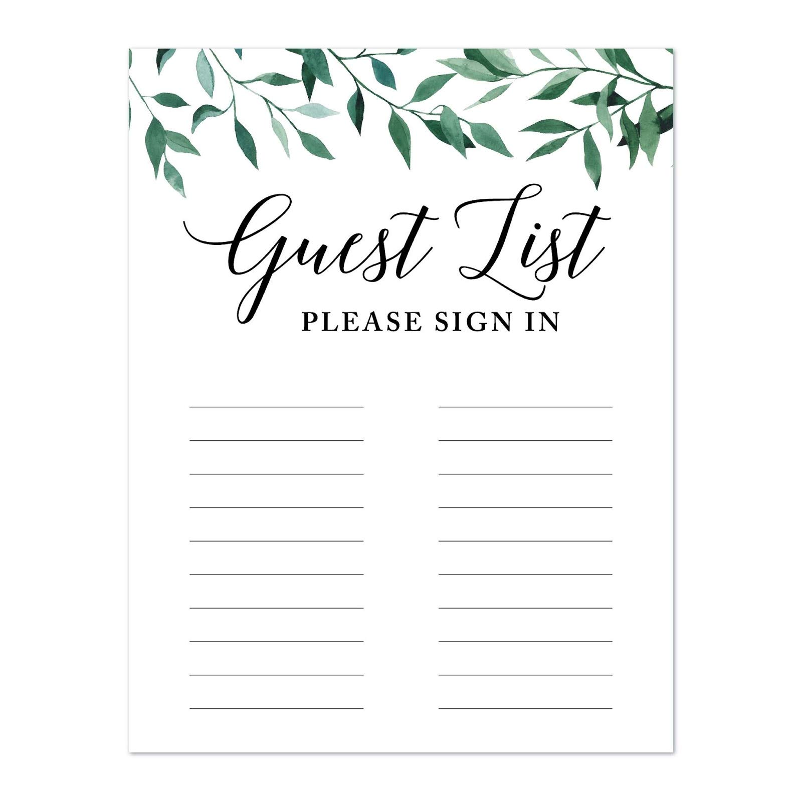 Andaz Press Wedding Party Signs, Natural Greenery Green Leaves, 8.5x11-inch, Guest List Please Sign In, 1-Pack