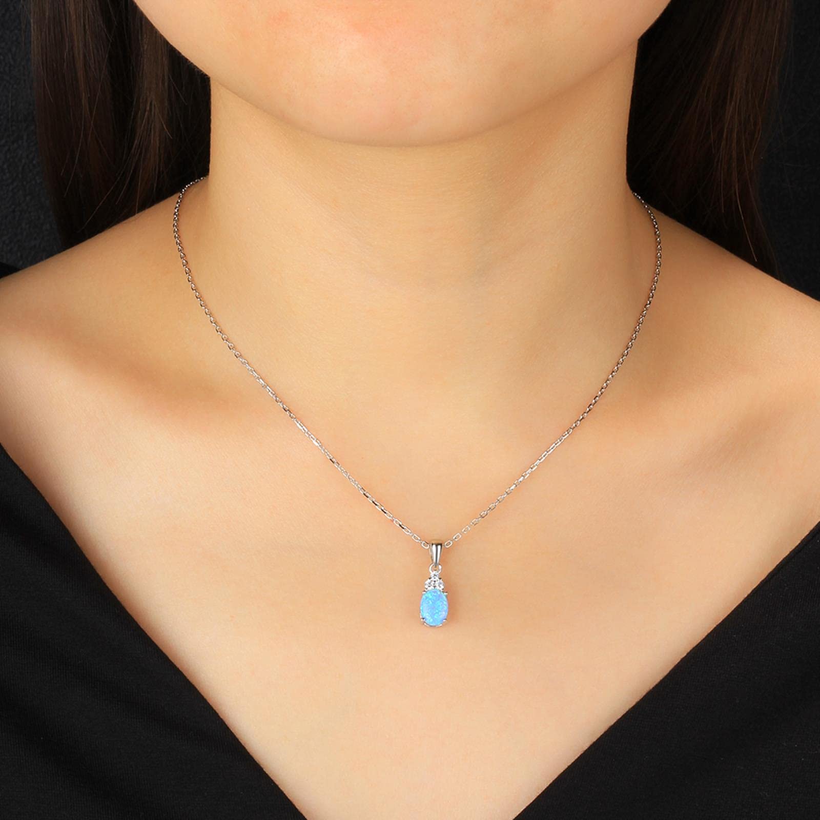 SALAN Collares con Colgante De Plata De Ley 925, Collar De Ópalo Azul Ovalado Creado, Regalo De Joyería Fina De Circonita Cúbica para Mujer