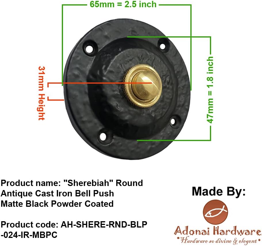 Adonai Hardware "Sherebiah" Round Antique Cast Iron Bell Push - Matte Black Powder Coated