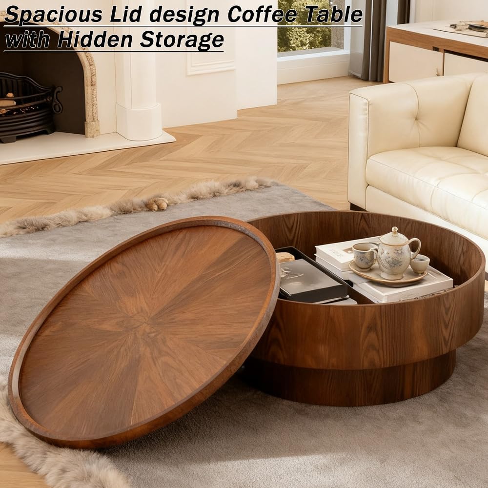 Table basse ronde de 78 cm avec rangement, design moderne de luxe, finition grain de bois, assemblage facile pour le salon