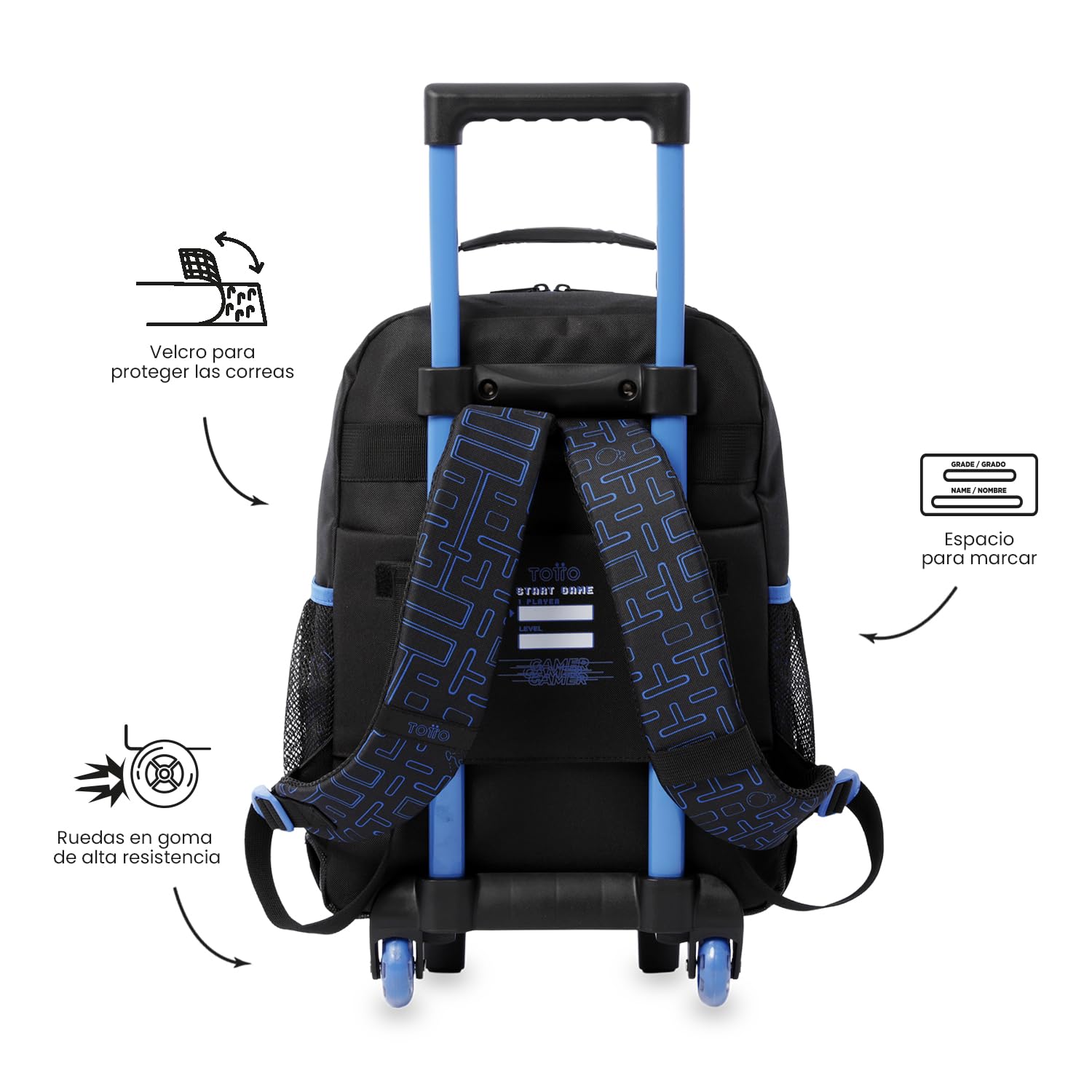 TOTTO - Mochila Escolar con Ruedas, Modelo Vortex M, Mochila Mediana, Capacidad 23 L, Bolsillos Botella, 2 Compartimentos Frontales, Protección en la Base, Correas Ajustables, Estampado Negro